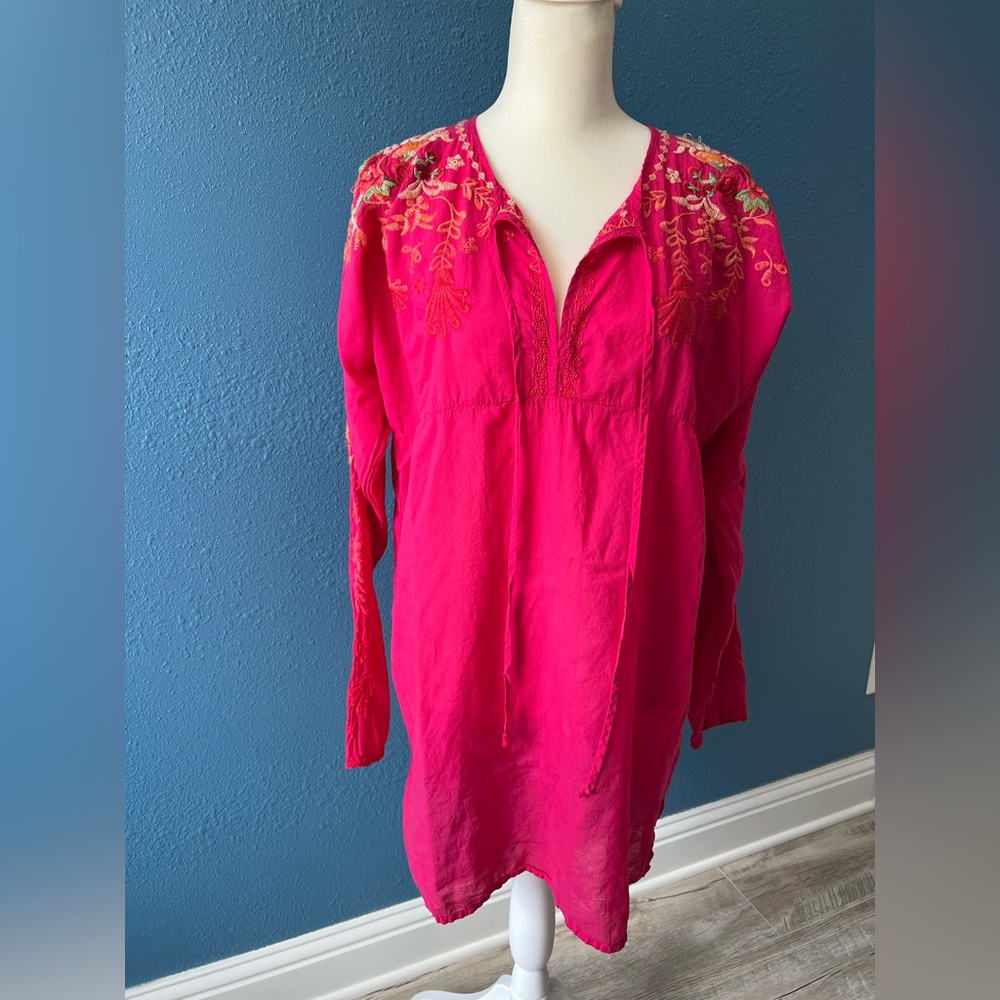 Johnny Was Orange Coral Roses Floral Embroidered Tunic Blouse Women's Medium